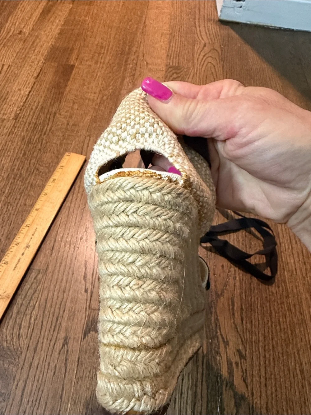Castaner size 7 Cream Canvas Espadrille Wedges with Black Ribbon Ties